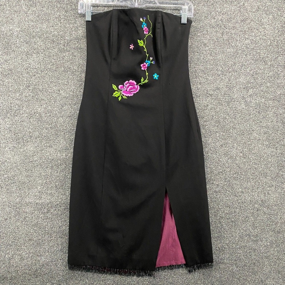 Y2K Guess Collection Dress 2 Black Embroidered Floral Strapless Vintage 90s Prom